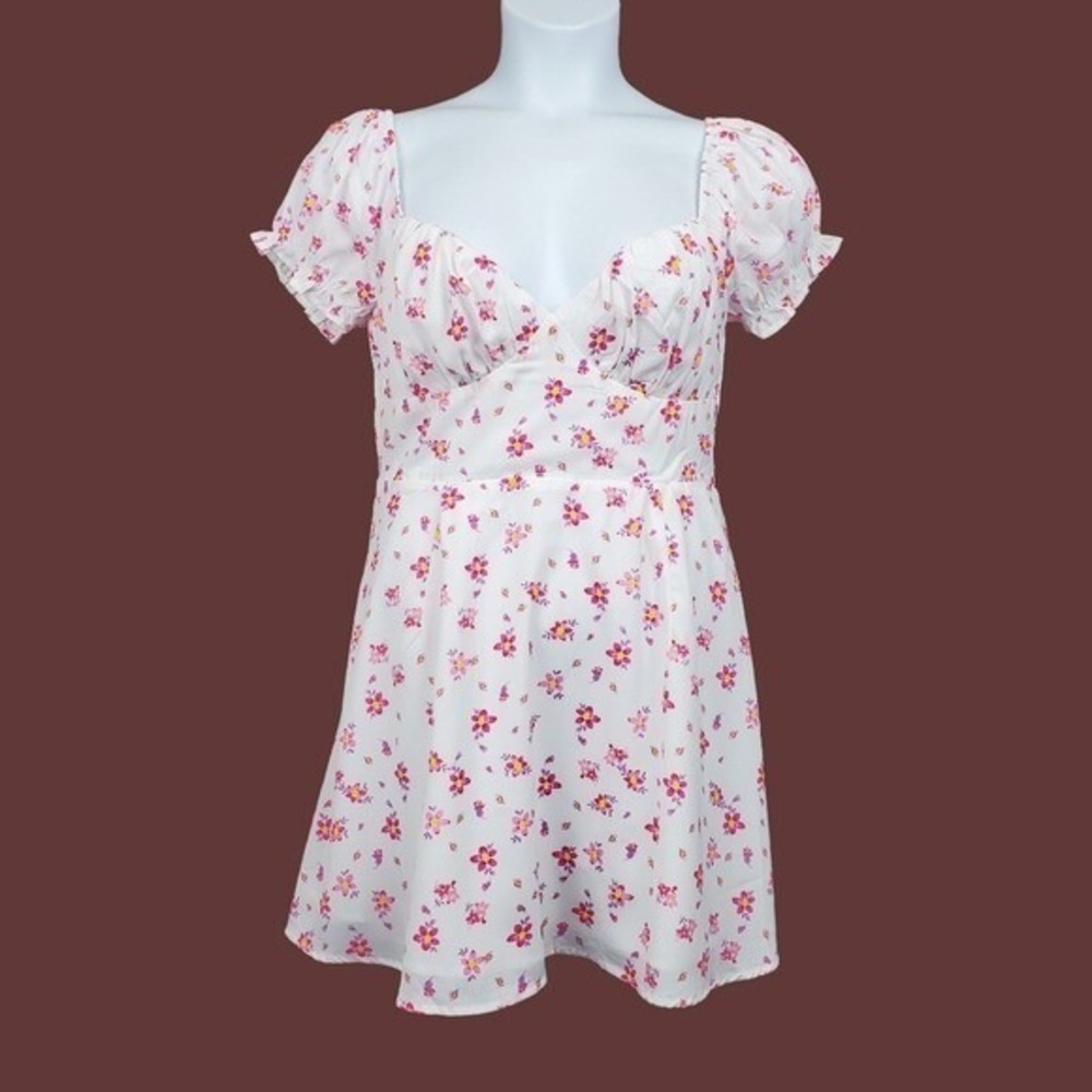 Princess Polly Ruth Puff Sleeve White Pink Floral Print Mini Dress Size 12